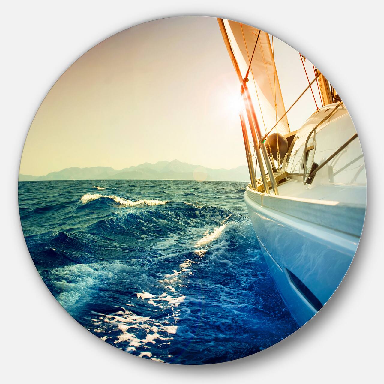 Designart - Sepia toned Yacht Sailing in Sea&#x27; Disc Large Seashore Metal Circle Wall Art